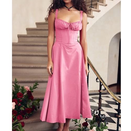 Image of Floral Corset Midi Dress Square Neck A Line Dress with Slit | Square neck floral midi dress with front tie bust wide straps A-line skirt side slit and lightweight fabric