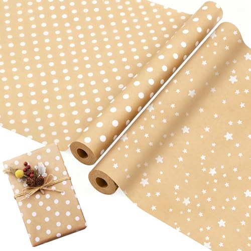 Woobroo 2 Roll Kraft Gift Wrapping Paper, 43cm x 15m Wrap Paper Roll for Birthday,Holiday,Baby Shower Xmas Gift Wrap(Dots-Stars)