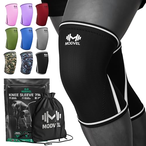 Image of Modvel 7mm Neoprene Knee Sleeves for Men & Women Weightlifting & Powerlifting - Compression Knee Sleeve Support for Squats, Gym, Training - USPA, IPL Approved - Small Black /white (Pair)