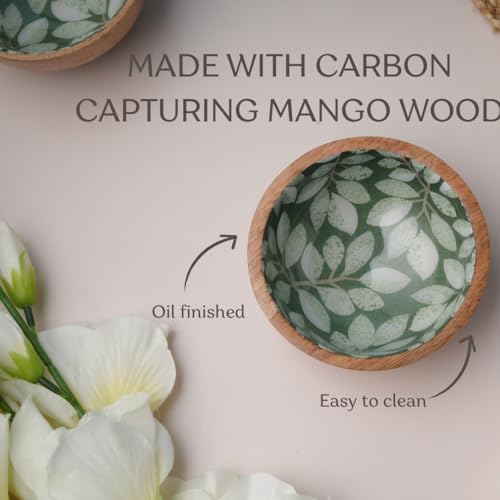 Image of Mango Wood Snack Bowls - Set of 1, Boho Decorative Bowl with Food Safe Designer Inlay. 4 inch Wooden Bowl for Salad, Fruit, Nuts, Cereals, Handmade Bowls for Kitchen (Olive Green)