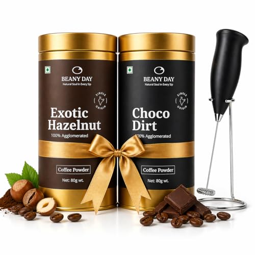 Image of Free Frother | Beany Day Instant Coffee Duo - Choco Dirt & Hazelnut (80g x 2) | Agglomerated | No Chicory | Strong Cafe-Like Taste at Home