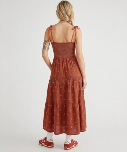Image of Women Floral Embroidered Maxi Dress Boho Sleeveless Tie Strap Shoulder Dresses Smocked Summer Sundress with Pockets