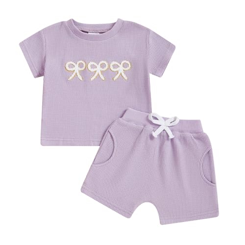 Image of Baby Girl Summer Clothes Short Sleeve Bows Embroidered T-Shirt Tops Pockets Shorts Set Toddler Waffle Knit Outfit
