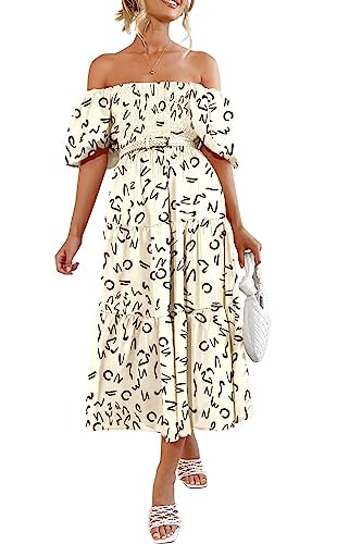 PRETTYGARDEN Women's Casual Summer Dress Puffy Short Sleeve Square Neck Smocked Tiered A Line Maxi Long Dresses (Print Apricot,Small)