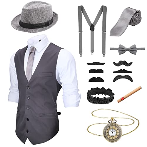 1920s Mens Costume Set 20s Accessories Halloween Clothing Outfit with Gangster Vest Fedora Hat Vintage Pocket Watch Suspenders Tie (Gray, X-Large)