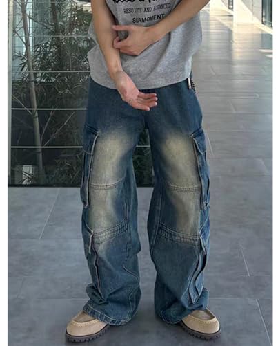 Men's Baggy Cargo Jeans Straight Wide Leg Loose Cargo Denim Pants Flap Pockets Hip Hop Pants for Teen Boys2