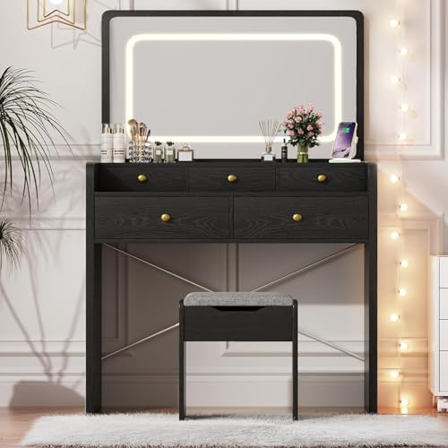 Image of JanflyHome Vanity Desk with Mirror and Lights, Makeup Vanity Table with 5 Drawers, Storage Stool, Large Mirror Dressing Table Vanity Set for Girls Women Bedroom, Black