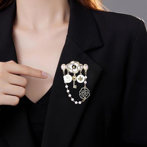 Image of Dimeho Imitation Pearl Dangle Chain Brooch Vintage Lapel Pins and Brooches for Women Four Leaf Clover Brooch