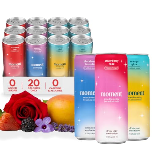 Moment Botanical Soda Soft Drink (Shark Tank) - SPARKLING Drinks | Fruity Fun | L-Theanine & Ashwagandha for Calm & Clarity | 0 Added Sugar 0 Caffeine | 12-pack