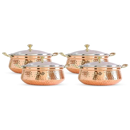 Indian Art Villa Steel Copper Hammered Design Handi/Bowl/Casserole with Toughened Glass Lid & Brass Knob & Handles, Volume-500 ml, Pack of 4