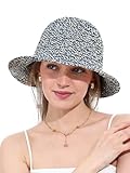 Womens Straw Sun Hat Wide Brim Hand Woven Foldable Beach Bucket Hat for Summer Travel UV Protection UPF 50+(One Size,Beige & Blue)