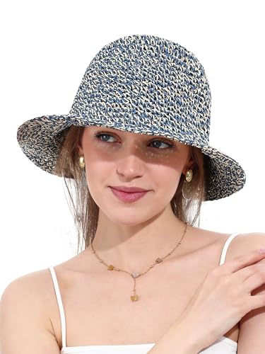 Womens Straw Sun Hat Wide Brim Hand Woven Foldable Beach Bucket Hat for Summer Travel UV Protection UPF 50+(One Size,Beige & Blue)