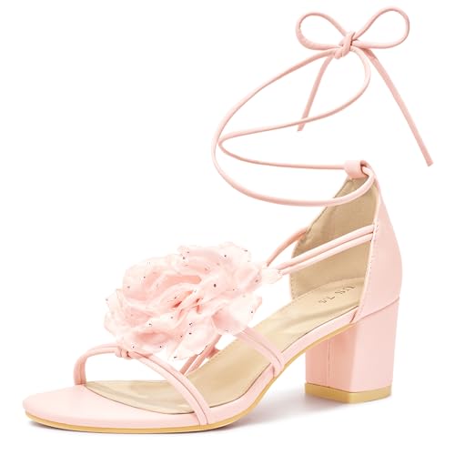 Image of Perphy Flower Lace Up Strappy Chunky Heel Sandals for Women Pink 5 UK/Label Size 7 US
