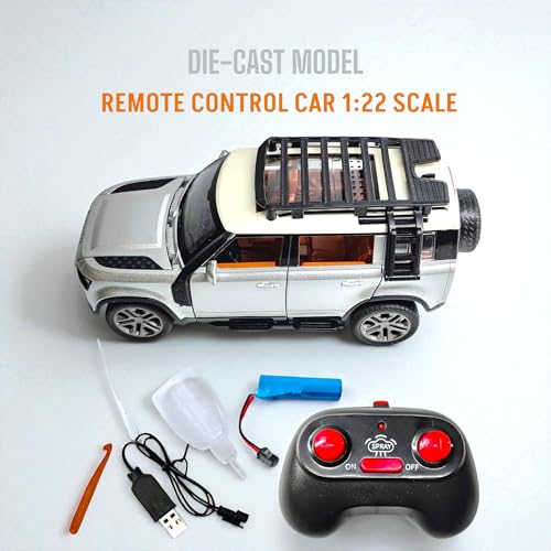 Image of The Flyers Bay Land Rover Defender RC Car, 1:22 Scale,Die-Cast Model with Openable Doors, Lights and Smoke Effects, Toy for Kids 3-10 Years (Silver)