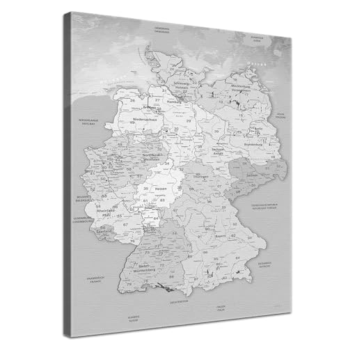 Stilvolle Pinnwand Deutschlandkarte - Hellgrau - Deutsch in 40 x 60 cm, stabile Rückwand zum Pinnen inkl. Starterkit - Leinwand-Kunstdruck Wandbild Landkarte XXL