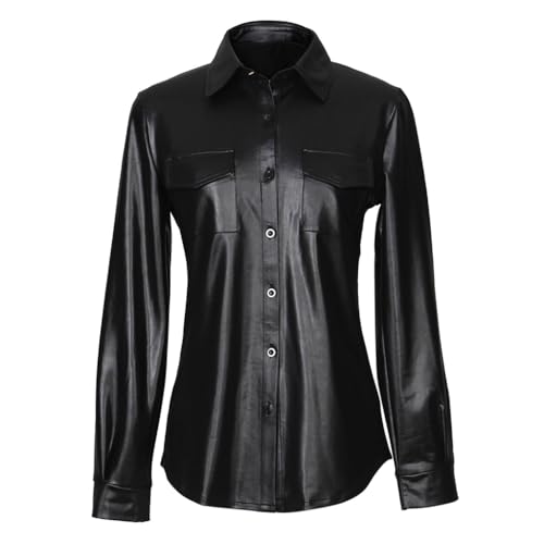 Sorrica Womens Sexy Shiny Metallic PU Faux Leather Nightclub Styles Long Sleeves Button Down Shirts Top