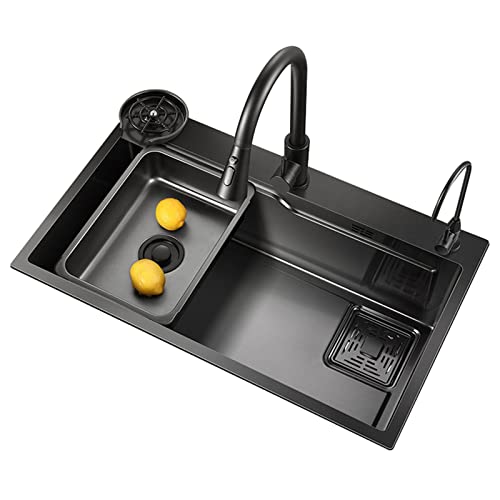 Fregadero de Cocina Hecho a Mano, Fregadero Individual Grande con lavavasos para Barra de Isla de Cocina,Black-65 * 45 * 22Cm