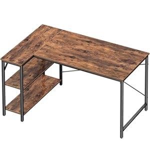 Huuger L Shaped Computer Desk with Reversible Storage Shelves, Gaming Corner Desk for Home Office, Writing Study Desk with Metal Frame, Rustic Brown