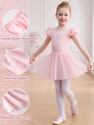 Comfyouth Ballettkleidung Ballettkleid Mädchen Rüschenärmeliger Ballett Turnanzug mit Abnehmbarem Rock Glitzer Ballettanzug für Kinder 2-11 Jahre