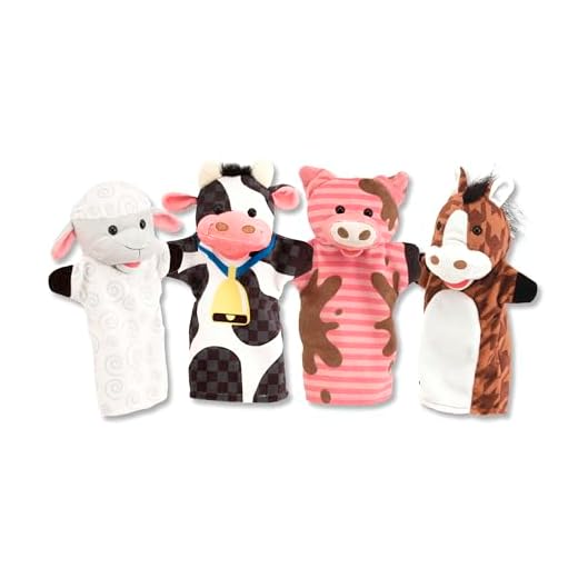 Melissa & Doug Farm Friends Hand Puppets (Set of 4) - Cow, Horse, Sheep, and Pig, Farm, 1 EA