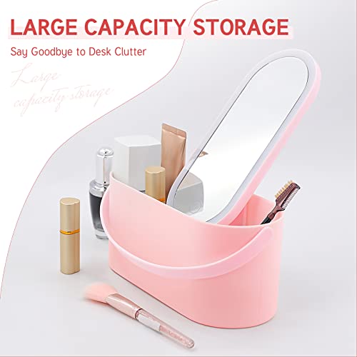 Mlogiroa Makeup Organizer Box With Mirror Portable Makeup Case Cosmetic Storage Box With 3 Colors Dimmable Lighted Mirror Pink Multi-Purpose With Handle For Bedroom Camping Business Travel #TOP3