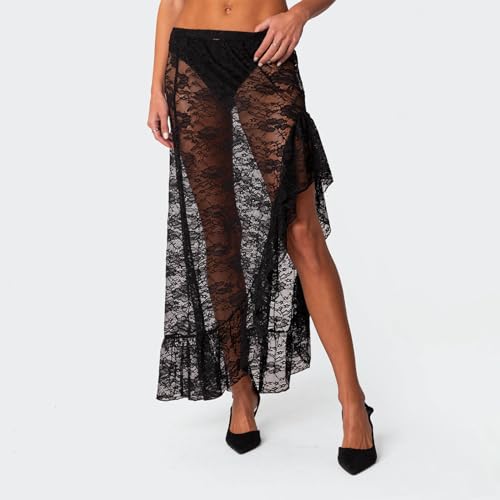 Women Y2K Fairy Grunge Maxi Skirt Sheer Lace Beach Party Cover-up Long Skirts See-Through A-line E-Girls Streetwear2