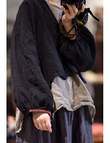 NFYM Women's Linen Open Front Shirt Lantern Long Sleeve V Neck Plain Color Crop Top Blouse2