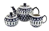 Blue Rose Polish Pottery - Blue Peacock Three Piece Small Tea Set - 4 Cup Teapot - Hand-Painted Polish Pottery Coffee & Tea Service