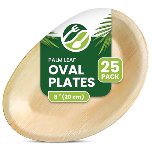 ECO Leaf | 25 Pack Oval Disposable Palm Leaf Plates | Compostable | Eco Friendly | Biodegradable | Picnic, Wedding Party Dinnerware| Like Wooden Bamboo Plates | Oval Small - 8(20cm)