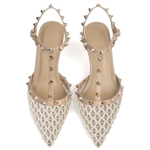 Image of XINIUNIU Studded Heels for Women Kitten Heels with Studs Stiletto Sandals with Rivet Ankle Strap Patent Leather Pointy Toe 2.5 Inch Party Daily Wear Evening Sandals