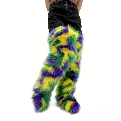 Image of Black Thigh High Fur Boots, Over the Knee Fluffy High Boots, Tall Furry shoes for Women