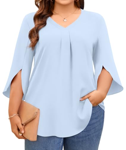 Aodemo Womens Plus Size Tops 3/4 Sleeve Dressy Chiffon Blouse Summer Work Tunic Casual Flowy Shirt M-5XL