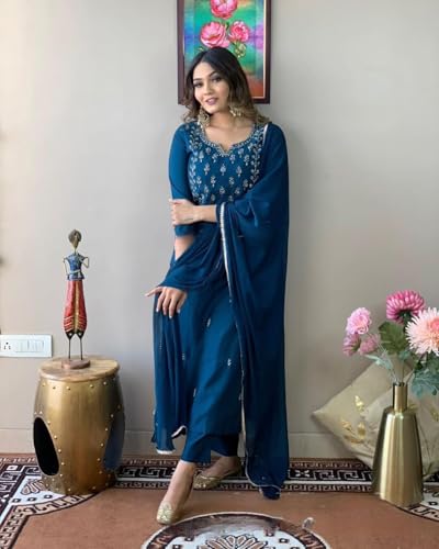 Image of Shiv Textiles Women's Viscose Rayon Embroidered Kurta Pant Dupatta Set(JDA-KAYRA-RAMA-M)
