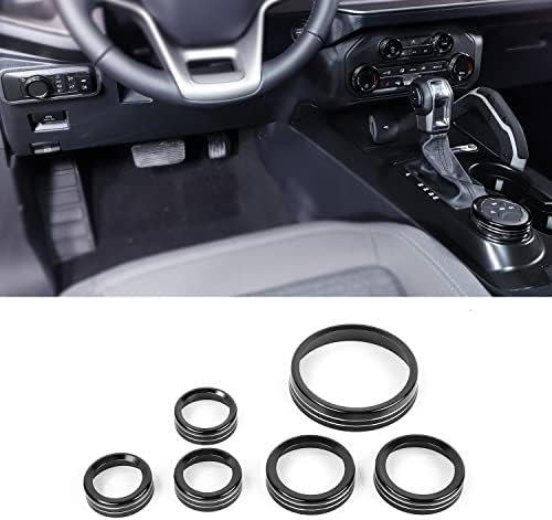 RAZPOY for Bronco Center Console Air Conditioner Radio Headlight Switch Knob Ring Four-Wheel Drive Cover Interior Decoration Accessories for Ford Bronco 2021 2022, Aluminum Alloy (6PCS Black)