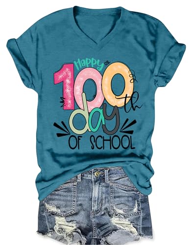 PICKID 100 Days of School Shirt Teacher Happy 100th Day of School Graphic T-Shirt Casual V Neck Short Sleeve Tee Tops, Cyan, L