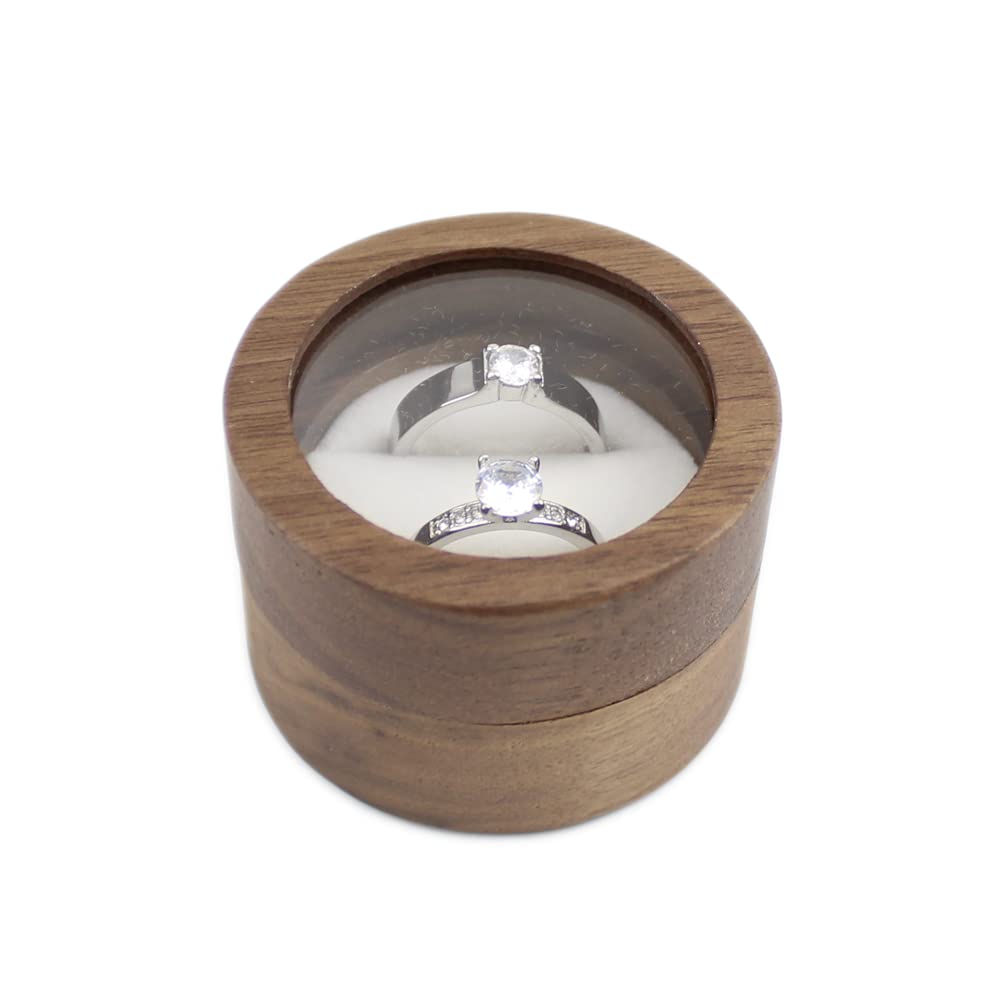 Caja Para Anillos De Boda De Nogal Macizo - Con Ventana De Cristal Y Forro De Terciopelo, Ideal Para Compromiso O Dos Anillos