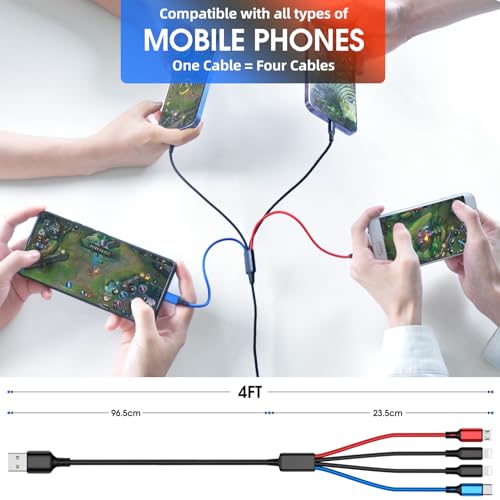 [3-Pack] Multi Charging Cable 4-in-1 Multi Charger Cable 4FT Nylon Braided Multiple USB Charging Cable Fast Phone Charger Cord Multi USB Cable with Dual IP/Type C/Micro USB Port for Most Phones/Tablet