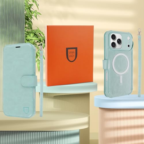 VANAVAGY Compatible for iPhone 17 Pro Wallet Case for Magsafe Wireless Charging, PU Leather Flip Folio Shockproof Phone Cover with Wrist Strap RFID Blocking Card Holder [Screen Protector],Light Mint by VANAVAGY - Image 9