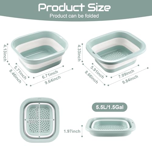 SINGARO 1.5 Gal (5.5L) Collapsible Dish Basin with Drain Basket Colanders, Multiuse Double-Layer Foldable Strainers Sink Tub, Collapsible Wash Basin Pan, Plastic Tubs, Dishpan, Kitchen Sink, Green