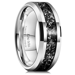 King Will Mens Meteorite Tungsten Wedding Bands, 6mm/8mm Width, Black/Silver Engagement Rings for Couples, Beveled Edge Promise Ring for Women Comfort Fit