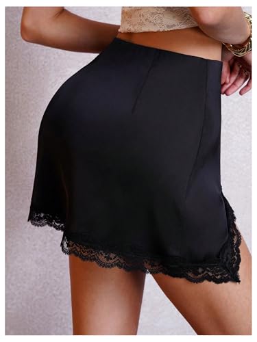 MakeMeChic Women's Lace Trim Satin Mini Skirt Split Hem Bodycon Short Skirts3