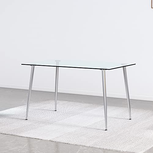 Pvillez 51" Glass Dining Table For 4-6 Modern Simple Rectangular Glass Dining Table W/0.31" Tempered Glass Tabletop&Silver Chrome Metal Legs, Clear Kitchen Table Office Table Writing Table Desk #TOP1
