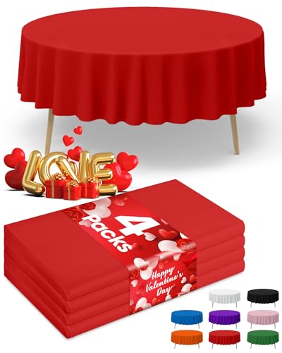 Image of Niuara Red Plastic Table Cloth - 4 Pack 84 inch Round Disposable Tablecloths for Round Tables, Table Cover for Valentines, Holiday Parties & Gatherings