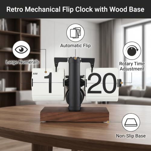Reloj de escritorio abatible retro de mesa mecánico vintage con base de madera 5