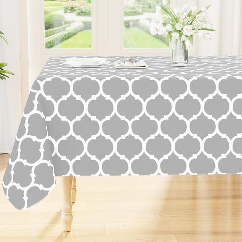 Image of Smiry Rectangle Table Cloth, Flannel Backed Vinyl Tablecloth, 60 inchx120 inch | Waterproof Plastic Tablecloths, Wipeable Table Cover for Dining, Indoor and Outdoor (Light Grey)