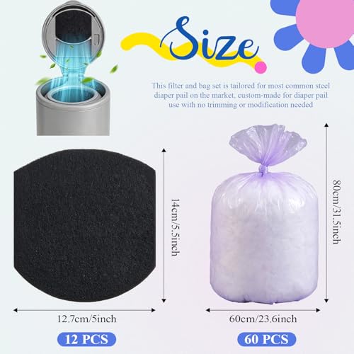 YooNotee 12 Pack Diaper Pail Deodorizer Refill Set Compatible with Ubbi Diaper Pail, 12 Activated Charcoal Filters and 60 Disposable Bags, Odor Absorbing Refills for Baby Nursery Odor Control