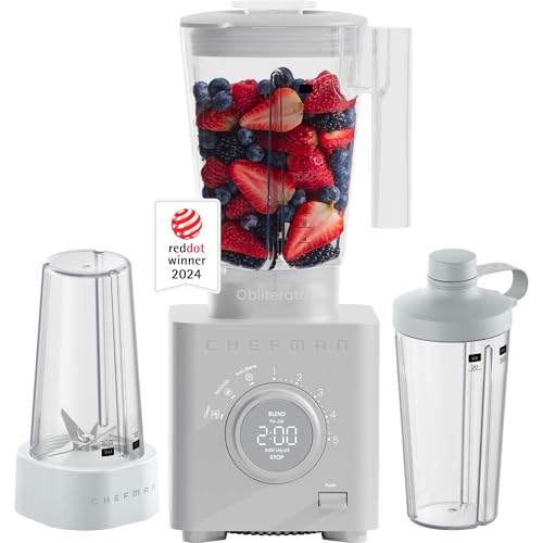 Chefman Obliterator 48 oz Countertop Blender for Smoothies, 1380W Motor to Crush Ice, Nuts, and Frozen Fruit with Stainless Steel Blade, Blender Pack Includes Two 20 oz. Travel Jars - Concrete