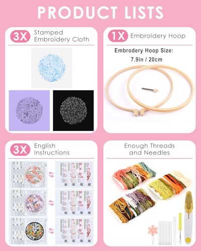 Image of TINDTOP Embroidery Kit for Adult, 3 Pack Embroidery DIY Starter Kit, with Stamped Patterns, Hoop, Tools, Colorful Threads with Needles, Instructions (Bouquet) | with Stamped Patterns, Hoop, Tools, Colorful Threads with Needles, Instructions (Bouquet)