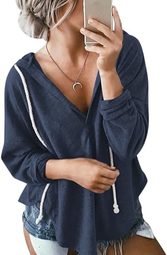 Image of Womens Long Sleeve V Neck Hoodie Sweatshirts Lightweight Pullover Tops