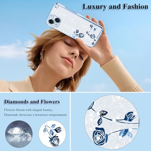 Coque pour iPhone 15 Plus esthétique transparente avec fleurs et paillettes